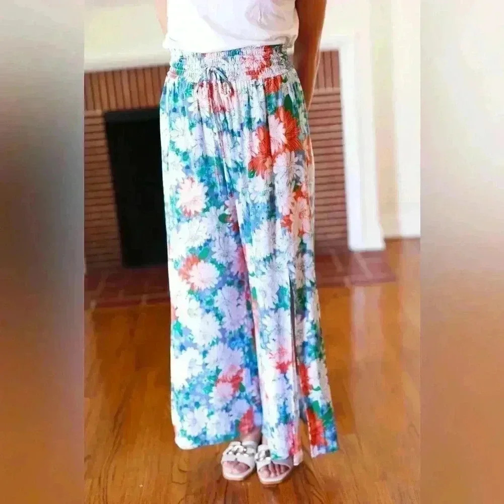 Vacay Vibes Green Floral Smocked Waist Side Slit Palazzo Pants